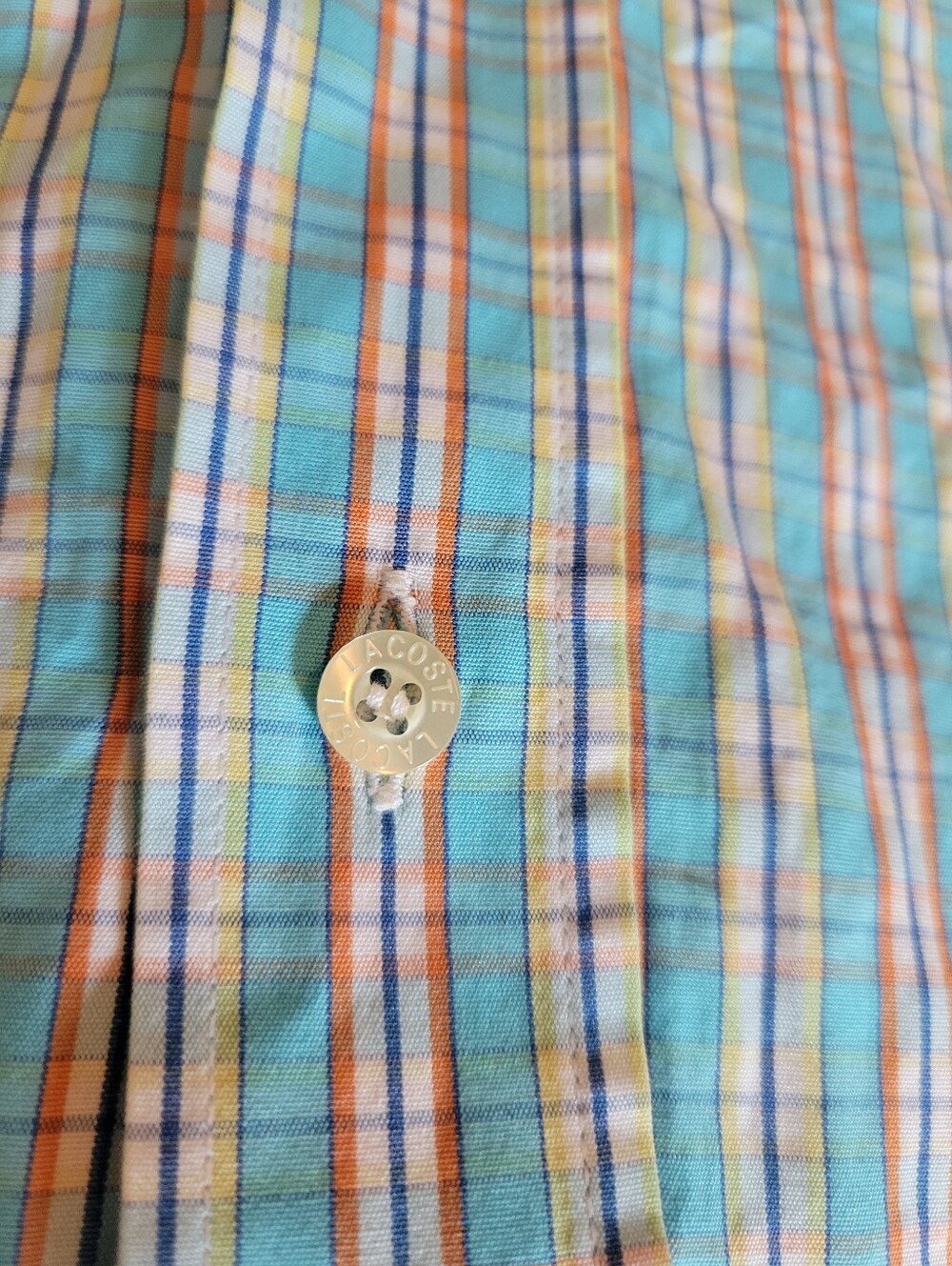 Lacoste 100% Cotton Teal Blue Yellow Plaid Button Down Long Sleeve Shirt Size L - Picture 7 of 16
